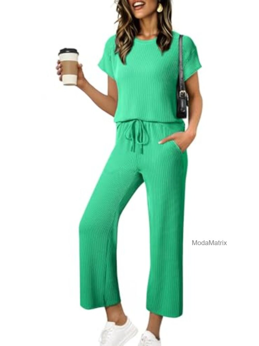 Women's Casual Ribbed Knit Two Piece Pant Set Lounge Outfit
